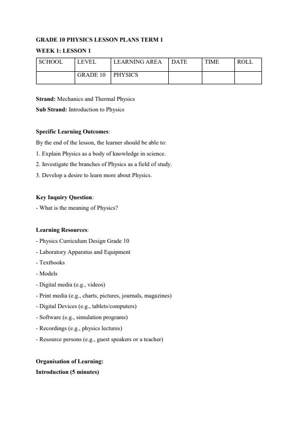 Page 1 – Grade 10 Physics Lesson Plans Term 1 – Kenyaplex