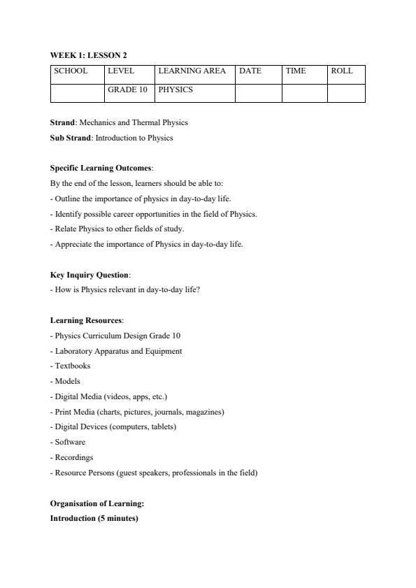 Page 4 – Grade 10 Physics Lesson Plans Term 1 – Kenyaplex