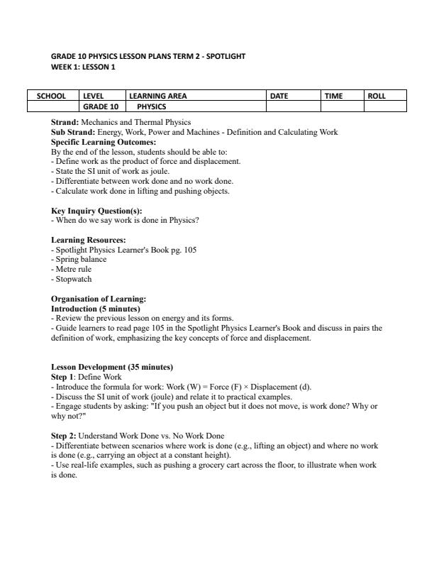 Page 1 – Grade 10 Physics Lesson Plans Term 2 - Spotlight – Kenyaplex