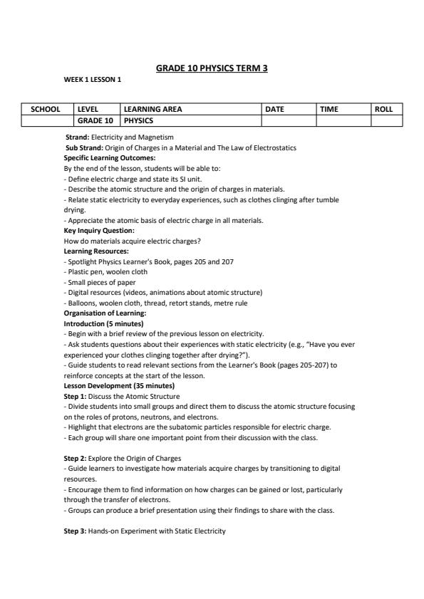 Page 1 – Grade 10 Physics  Lesson Plans Term 3 - Spotlight – Kenyaplex