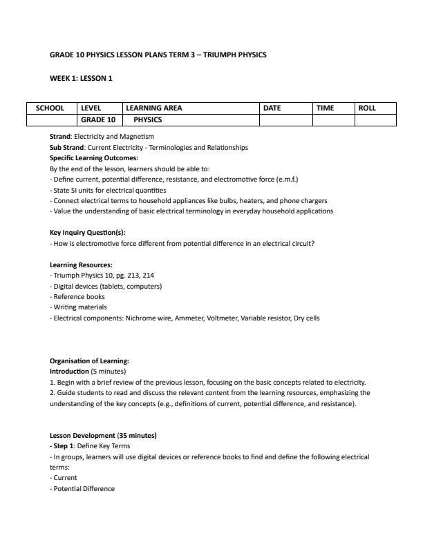 Page 1 – Grade 10 Physics Lesson Plans Term 3 - Triumph Physics – Kenyaplex