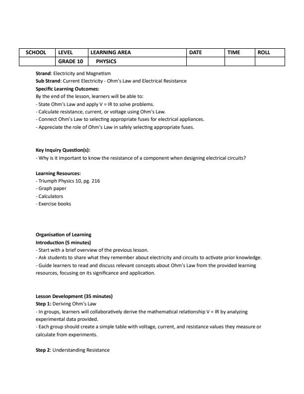 Page 3 – Grade 10 Physics Lesson Plans Term 3 - Triumph Physics – Kenyaplex