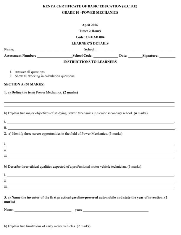 Page 1 – Grade 10 Power Mechanics April 2026 Holiday Assignment – Kenyaplex