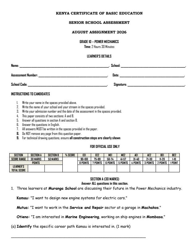 Page 1 – Grade 10 Power Mechanics August 2026 Holiday Assignment – Kenyaplex