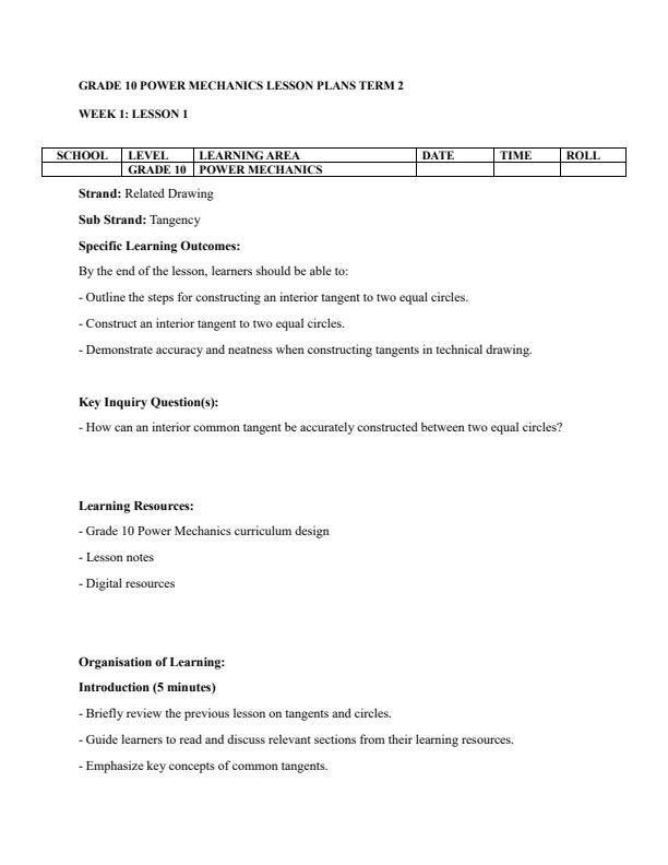 Page 1 – Grade 10 Power Mechanics Lesson Plans Term 2 – Kenyaplex