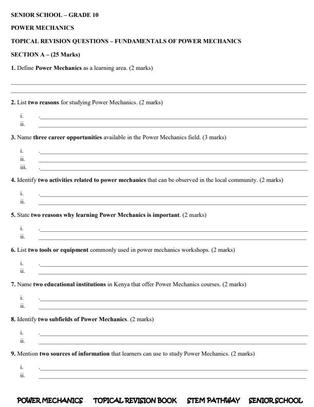 Page 2 – Grade 10 Power Mechanics Topical Questions – Kenyaplex