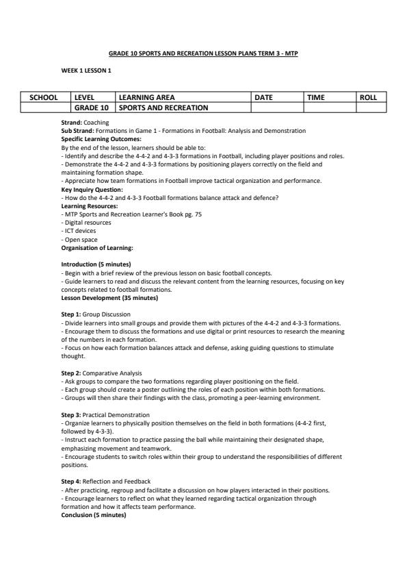 Page 1 – Grade 10 Sports And Recreation Lesson Plans Term 3 - MTP – Kenyaplex