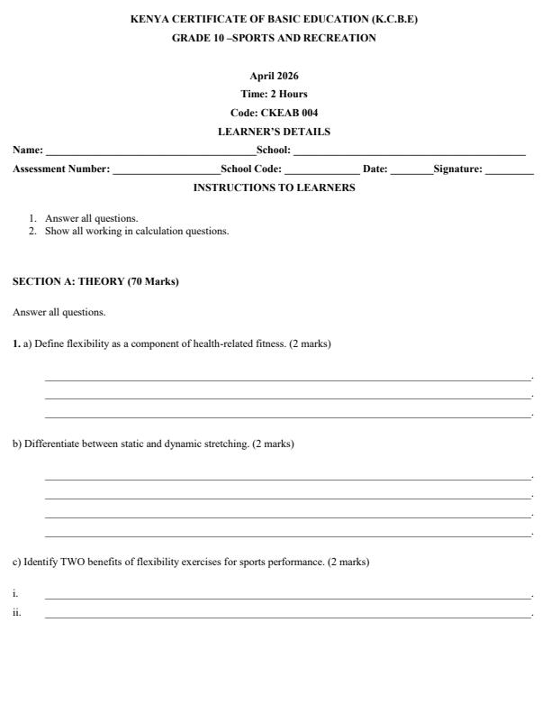 Page 1 – Grade 10 Sports and Recreation April 2026 Holiday Assignment – Kenyaplex