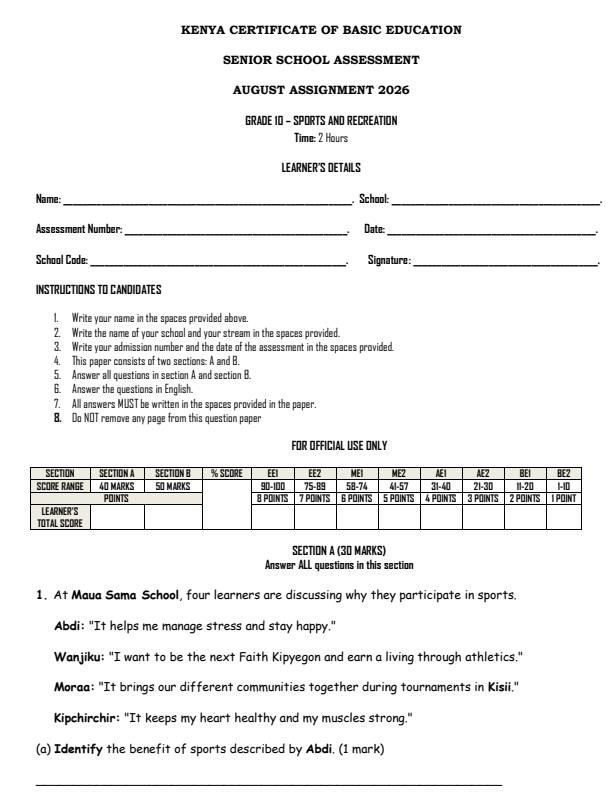 Page 1 – Grade 10 Sports and Recreation August 2026 Holiday Assignment – Kenyaplex
