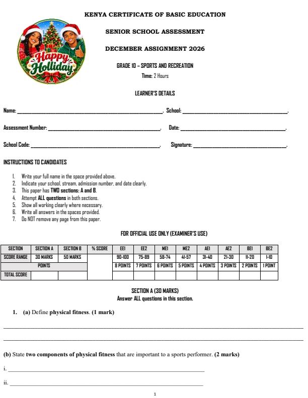 Page 1 – Grade 10 Sports and Recreation December 2026 Holiday Assignment – Kenyaplex
