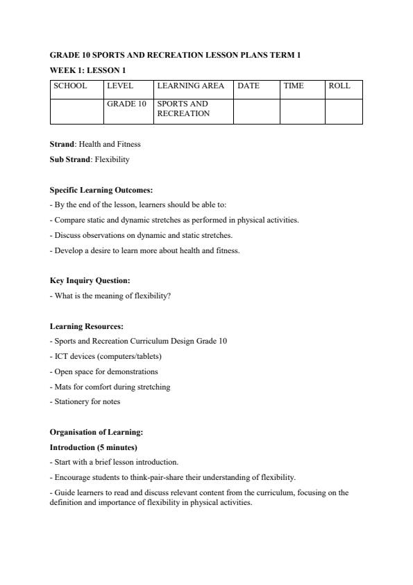 Page 1 – Grade 10 Sports and Recreation Lesson Plans Term 1 – Kenyaplex