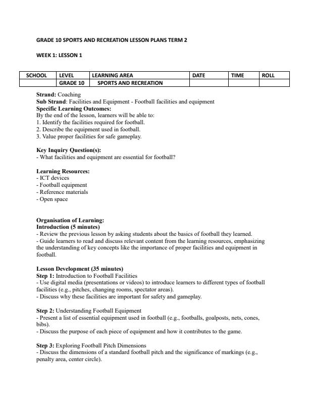 Page 1 – Grade 10 Sports and Recreation Lesson Plans Term 2 – Kenyaplex