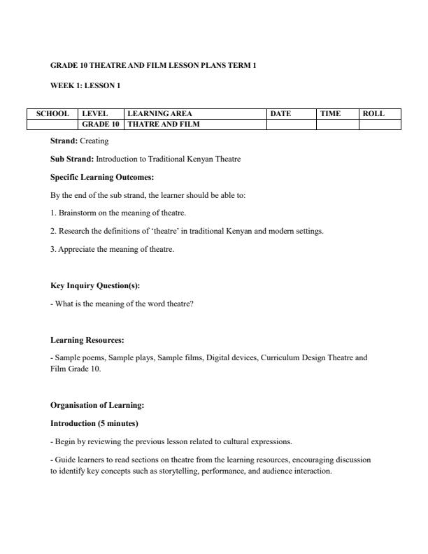 Page 1 – Grade 10 Theatre and Film Lesson Plans Term 1 – Kenyaplex