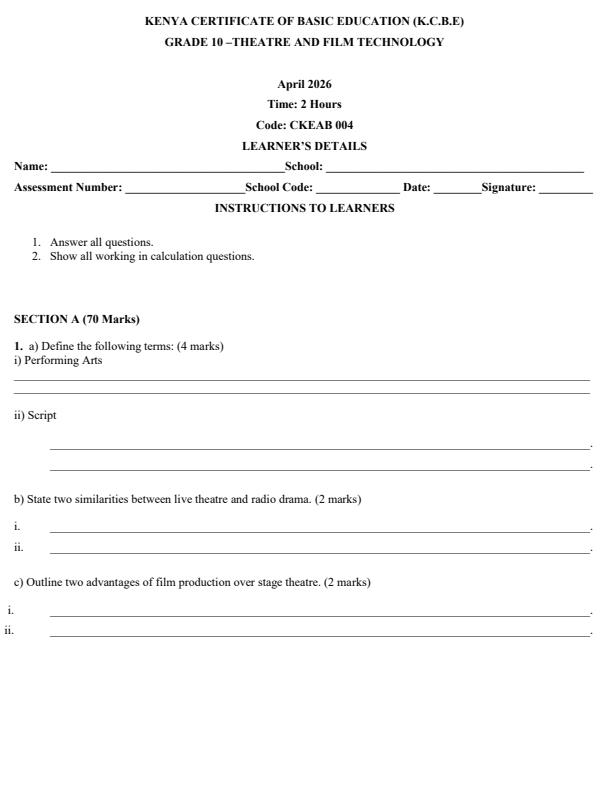 Page 1 – Grade 10 Theatre and Film Technology April 2026 Holiday Assignment – Kenyaplex