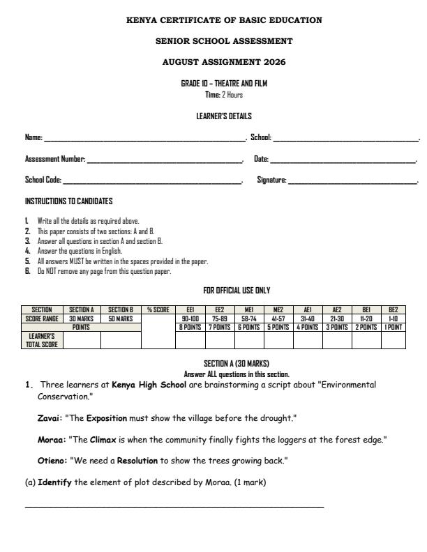 Page 1 – Grade 10 Theatre and Film Technology August 2026 Holiday Assignment – Kenyaplex