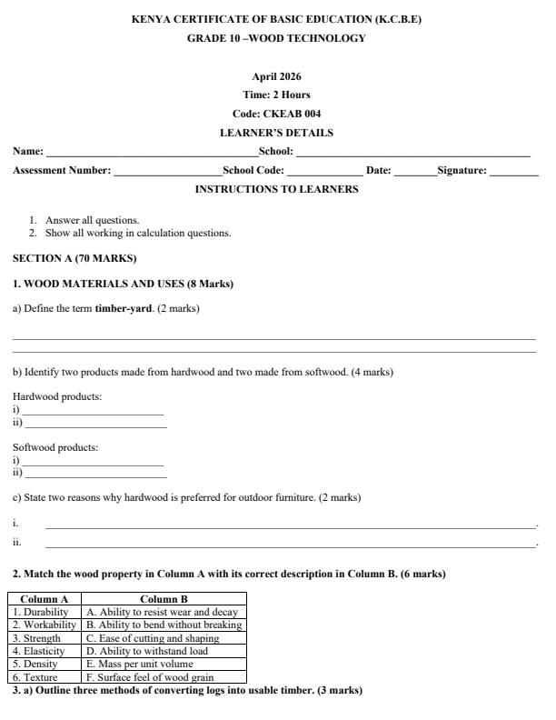 Page 1 – Grade 10 Wood Technology April 2026 Holiday Assignment – Kenyaplex