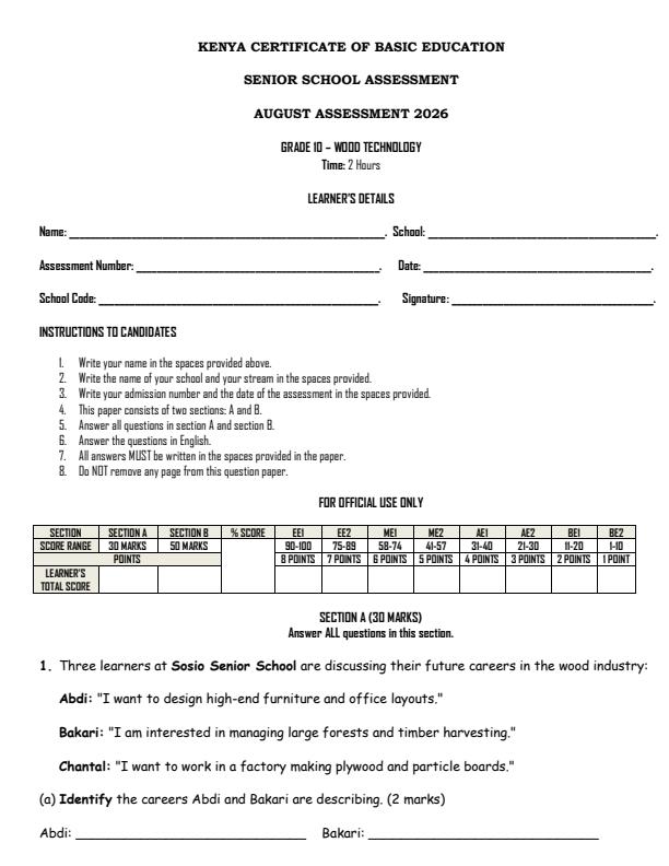 Page 1 – Grade 10 Wood Technology August 2026 Holiday Assignment – Kenyaplex