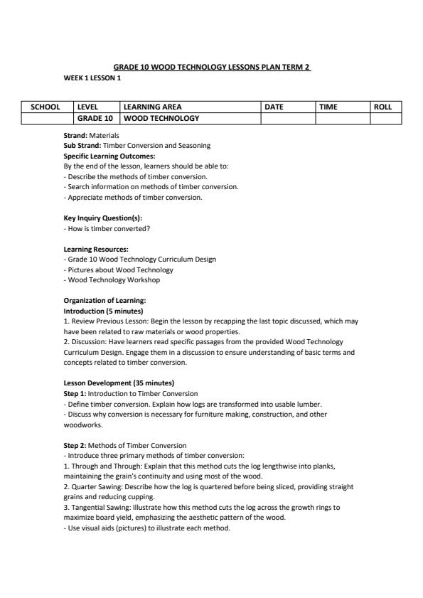 Page 1 – Grade 10 Wood Technology Lesson Plans Term 2 – Kenyaplex