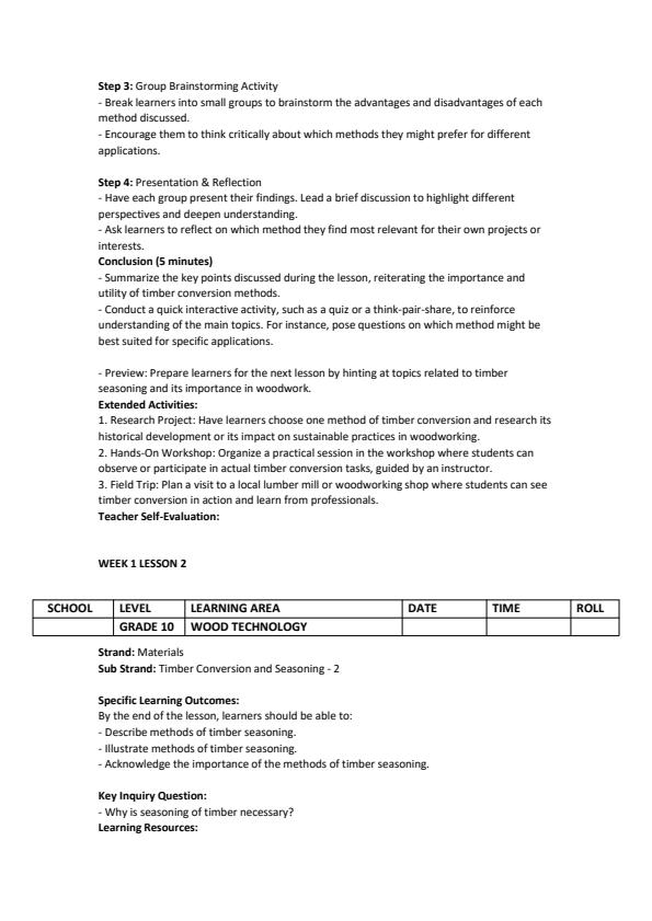 Page 2 – Grade 10 Wood Technology Lesson Plans Term 2 – Kenyaplex