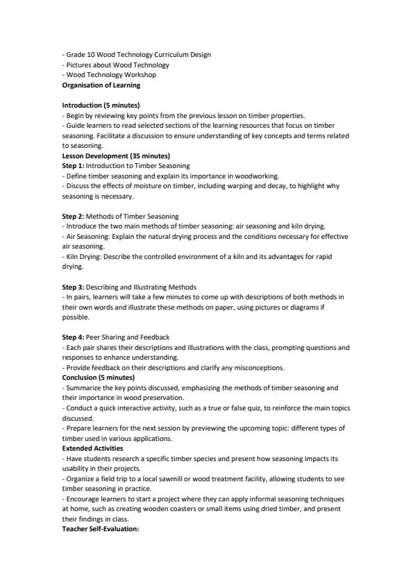 Page 3 – Grade 10 Wood Technology Lesson Plans Term 2 – Kenyaplex