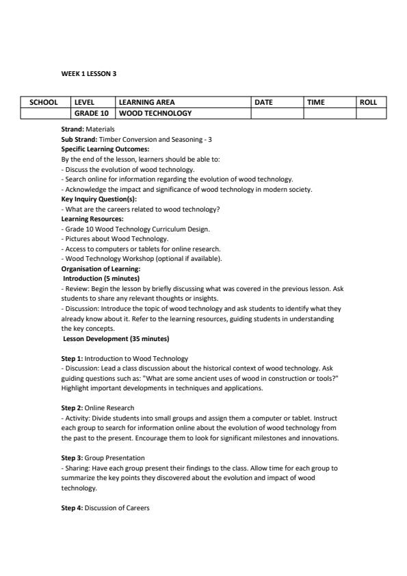 Page 4 – Grade 10 Wood Technology Lesson Plans Term 2 – Kenyaplex