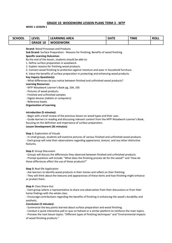 Page 1 – Grade 10 Woodwork Lesson Plans Term 3 - MTP – Kenyaplex