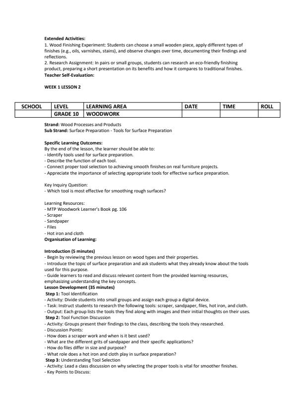 Page 2 – Grade 10 Woodwork Lesson Plans Term 3 - MTP – Kenyaplex