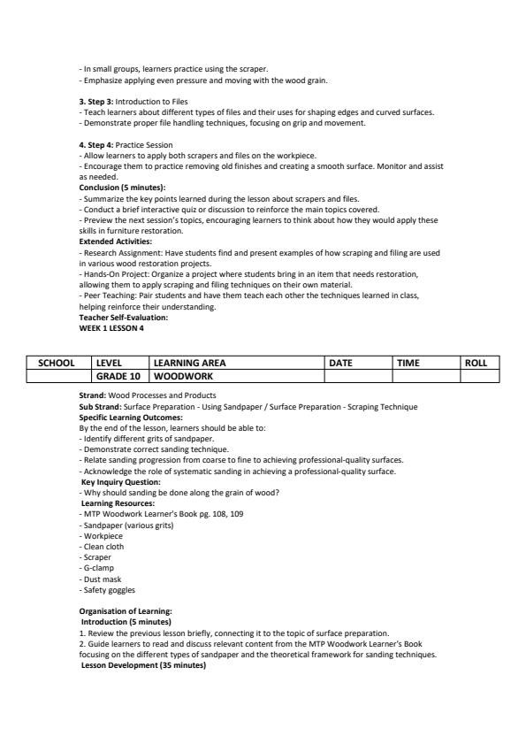 Page 4 – Grade 10 Woodwork Lesson Plans Term 3 - MTP – Kenyaplex