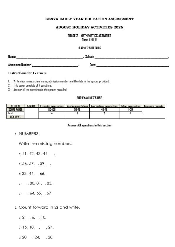 Page 2 – Grade 2 August 2026 Holiday Assignment - Full Set – Kenyaplex