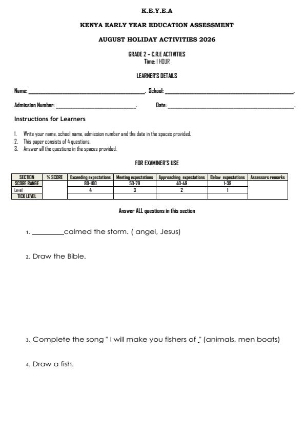 Page 1 – Grade 2 CRE Activities  August 2026 Holiday Assignment – Kenyaplex