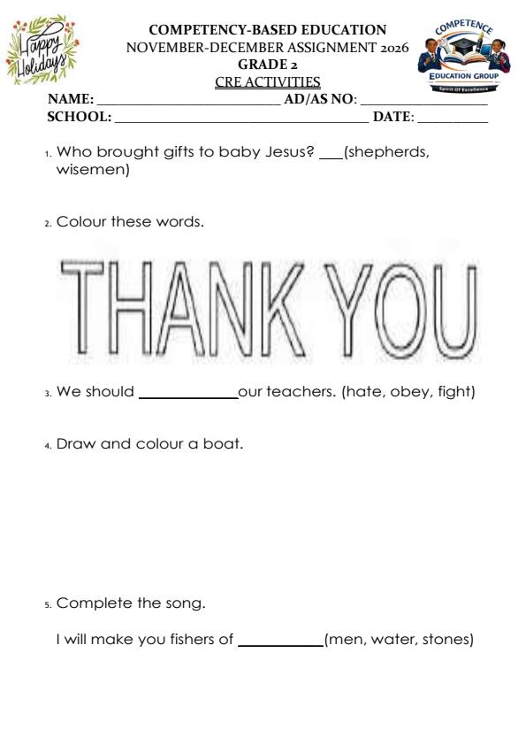 Page 1 – Grade 2 CRE December 2026 Holiday Assignment – Kenyaplex