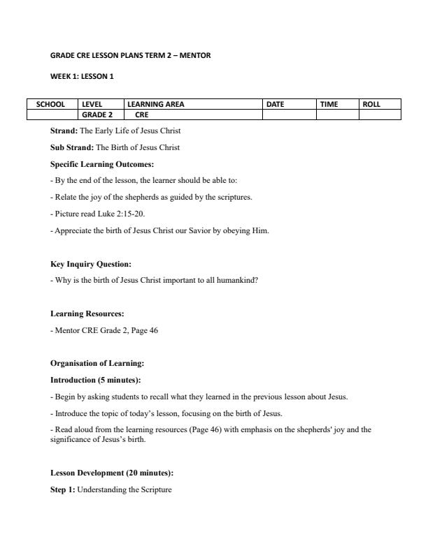 Page 1 – Grade 2 CRE Lesson Plans Term 2 - Mentor – Kenyaplex