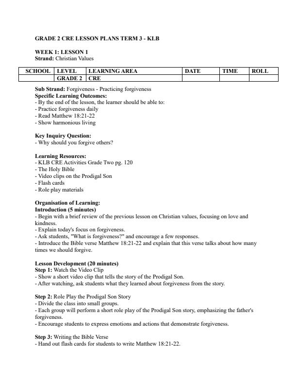 Page 1 – Grade 2 CRE Lesson Plans Term 3 - KLB – Kenyaplex