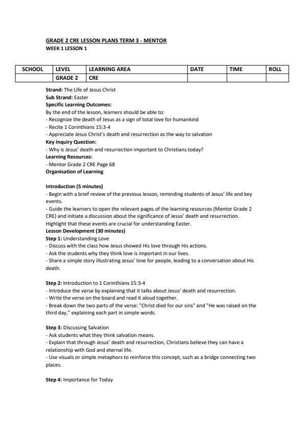 Page 1 – Grade 2 CRE Lesson Plans Term 3 - Mentor – Kenyaplex