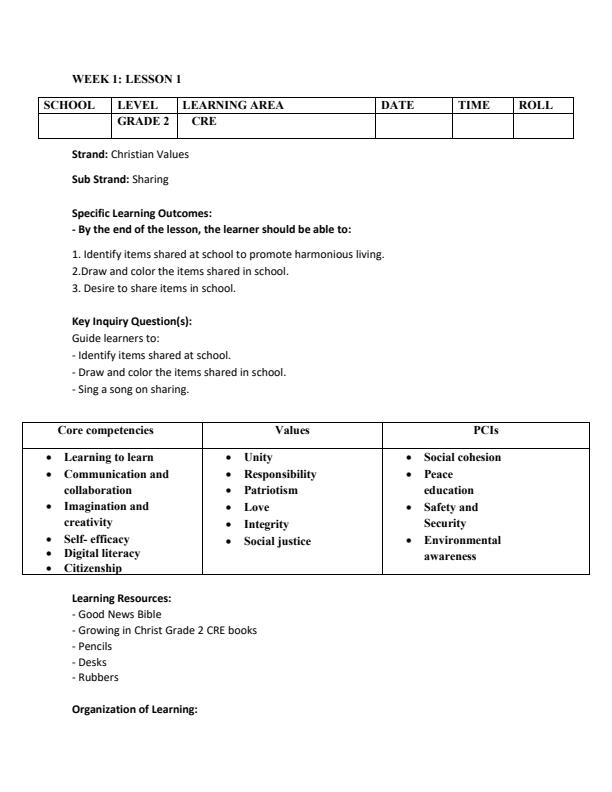 Page 1 – Grade 2 CRE Lesson Plans Term 3 – Kenyaplex