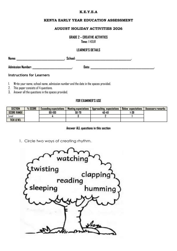 Page 1 – Grade 2 Creative Activities August 2026 Holiday Assignment – Kenyaplex