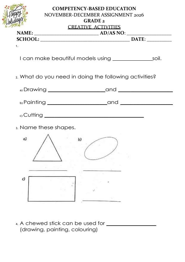 Page 1 – Grade 2 Creative Activities December 2026 Holiday Assignment – Kenyaplex