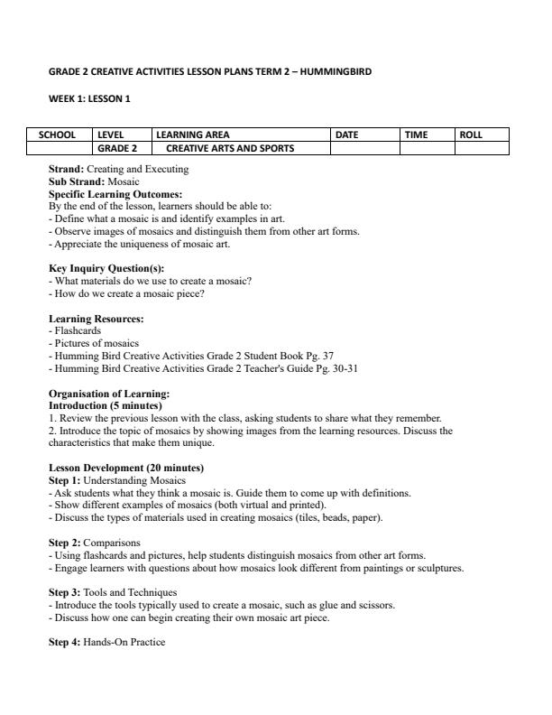 Page 1 – Grade 2 Creative Activities Lesson Plans Term 2 - Hummingbird – Kenyaplex