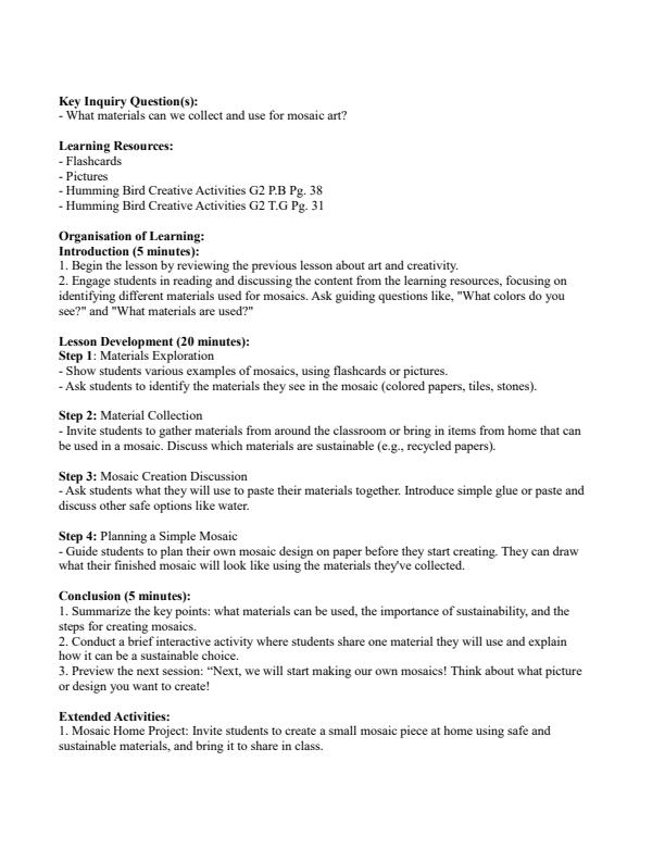 Page 3 – Grade 2 Creative Activities Lesson Plans Term 2 - Hummingbird – Kenyaplex