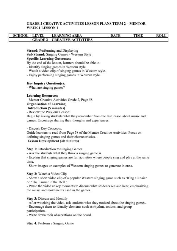 Page 1 – Grade 2 Creative Activities Lesson Plans Term 2 - Mentor – Kenyaplex