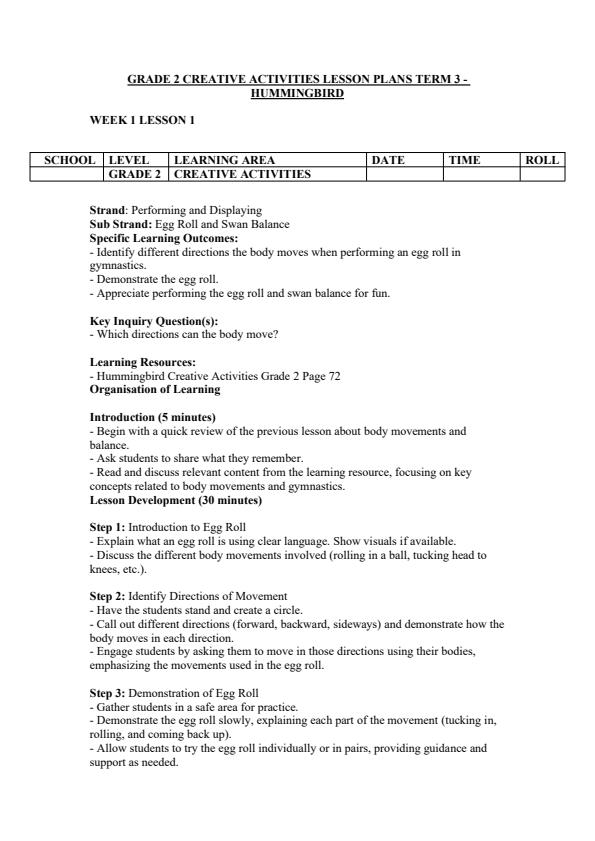 Page 1 – Grade 2 Creative Activities Lesson Plans Term 3 - Hummingbird – Kenyaplex