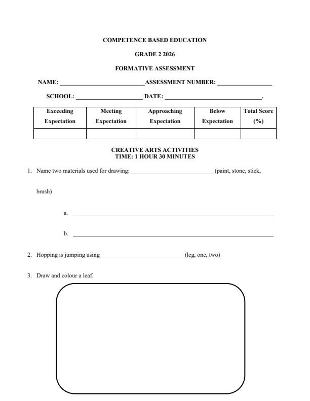 Page 1 – Grade 2 Creative Arts Activities April 2026 Holiday Assignment – Kenyaplex