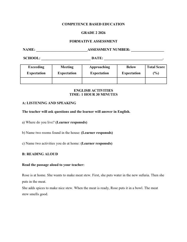 Page 1 – Grade 2 English Activities April 2026 Holiday Assignment – Kenyaplex