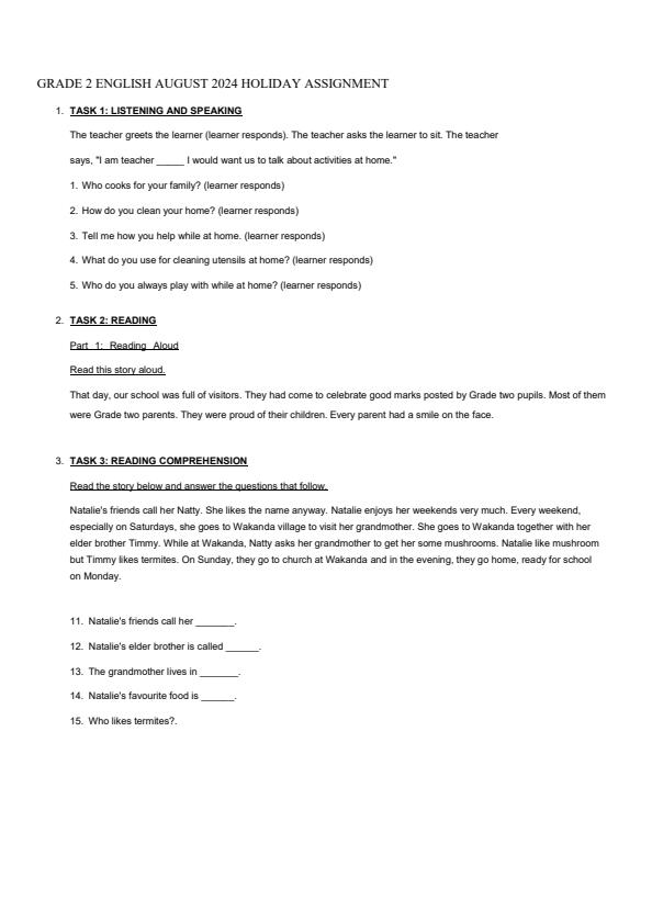 Page 1 – Grade 2 English Activities August 2024 Holiday Assignment – Kenyaplex
