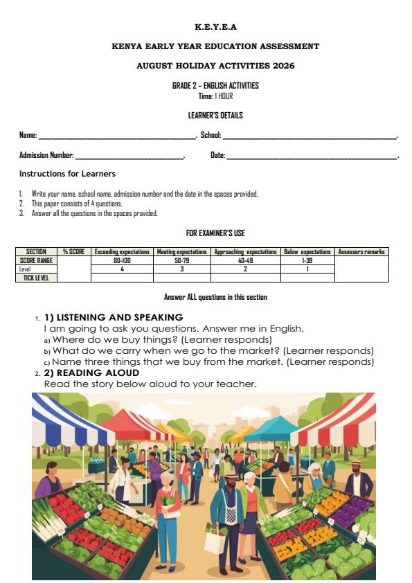 Page 1 – Grade 2 English Activities August 2026 Holiday Assignment – Kenyaplex