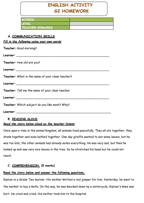 Page 1 – Grade 2 English Activities December 2024 Holiday Assignment – Kenyaplex