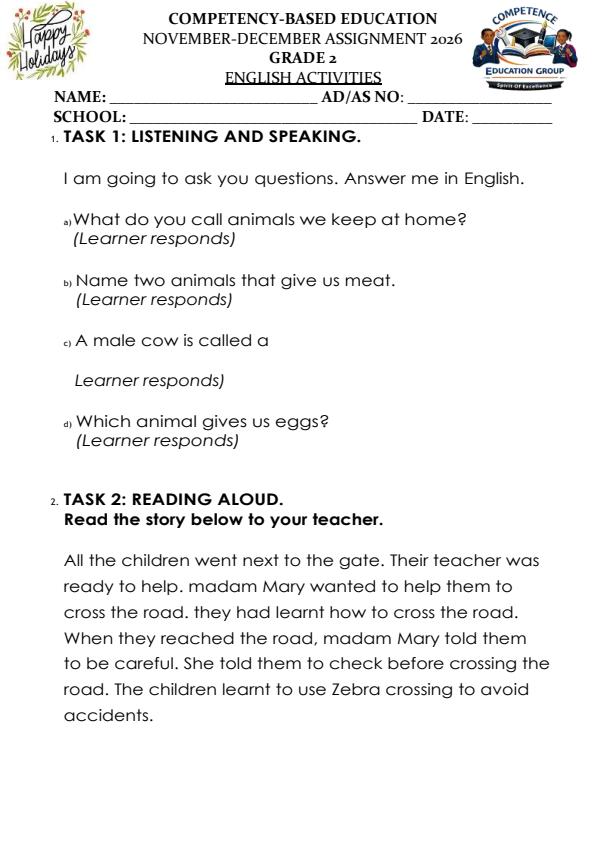 Page 1 – Grade 2 English December 2026 Holiday Assignment – Kenyaplex