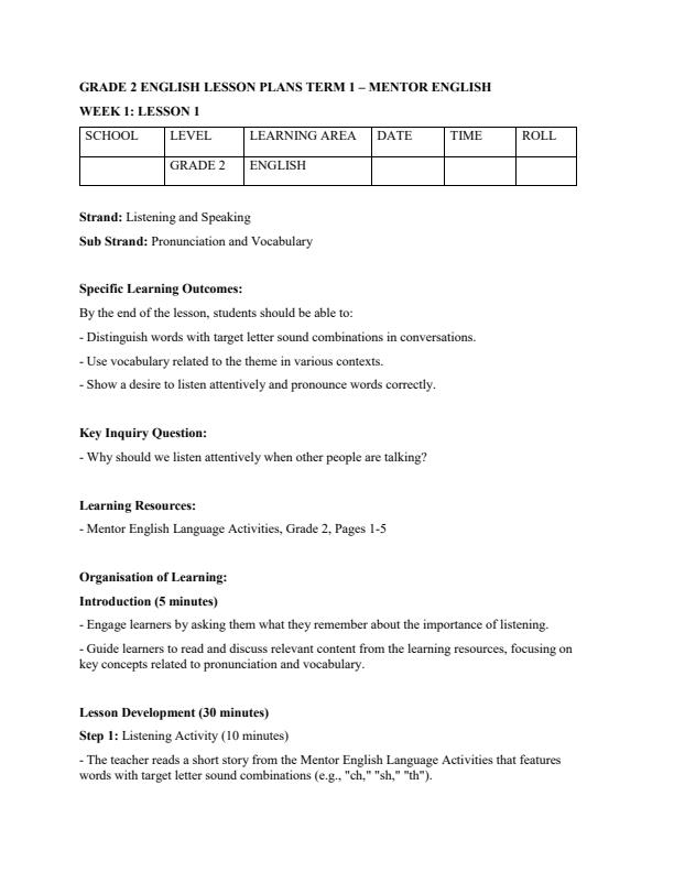 Page 1 – Grade 2 English Lesson Plans Term 1 - Mentor English – Kenyaplex