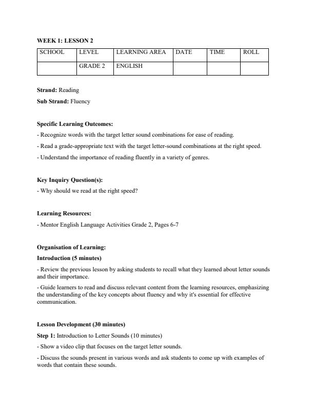 Page 3 – Grade 2 English Lesson Plans Term 1 - Mentor English – Kenyaplex