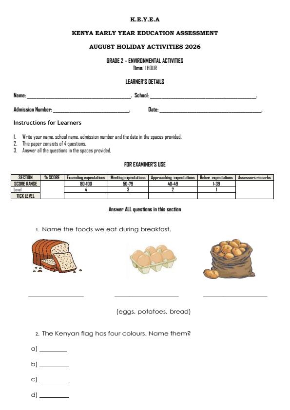 Page 1 – Grade 2 Environmental Activities August 2026 Holiday Assignment – Kenyaplex